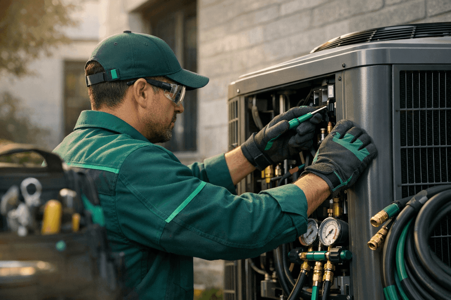 HVAC technician in green uniform adjusting outdoor HVAC unit at clean building exterior in Casper